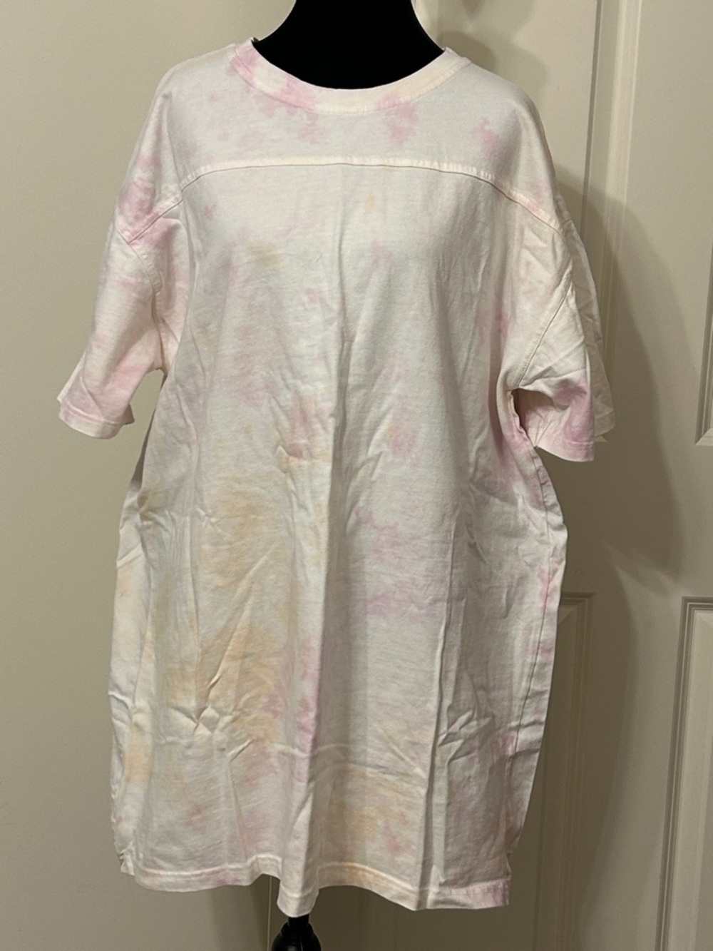 Zara Oversized Tie-Dye T-shirt Dress w/pastel pink & yellow batik pattern.